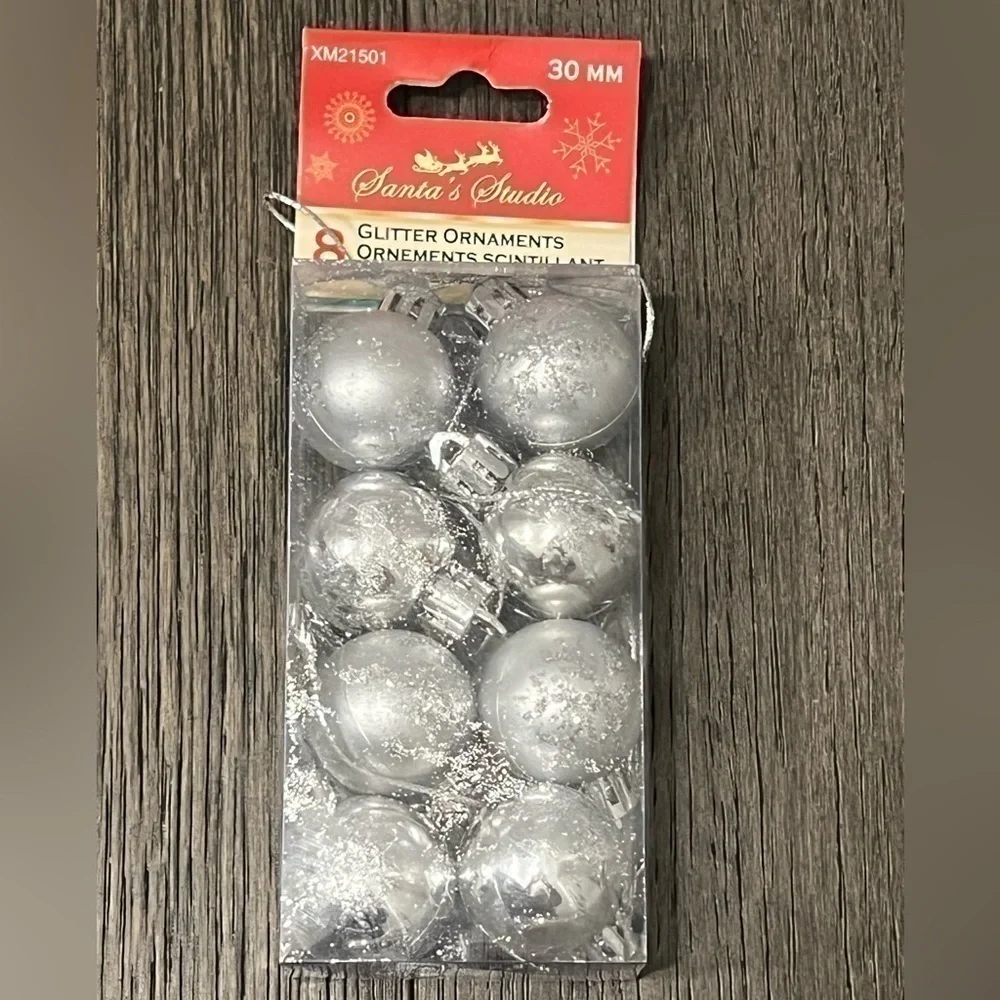 8 Mini Glitter & Silver Christmas Ornaments